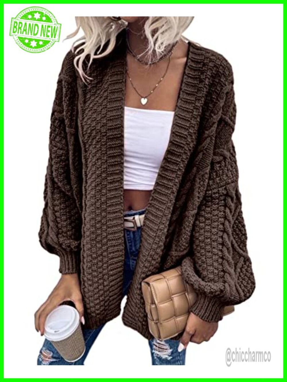 Oversized Cable Knit Lantern Sleeve Cardigan Sweater